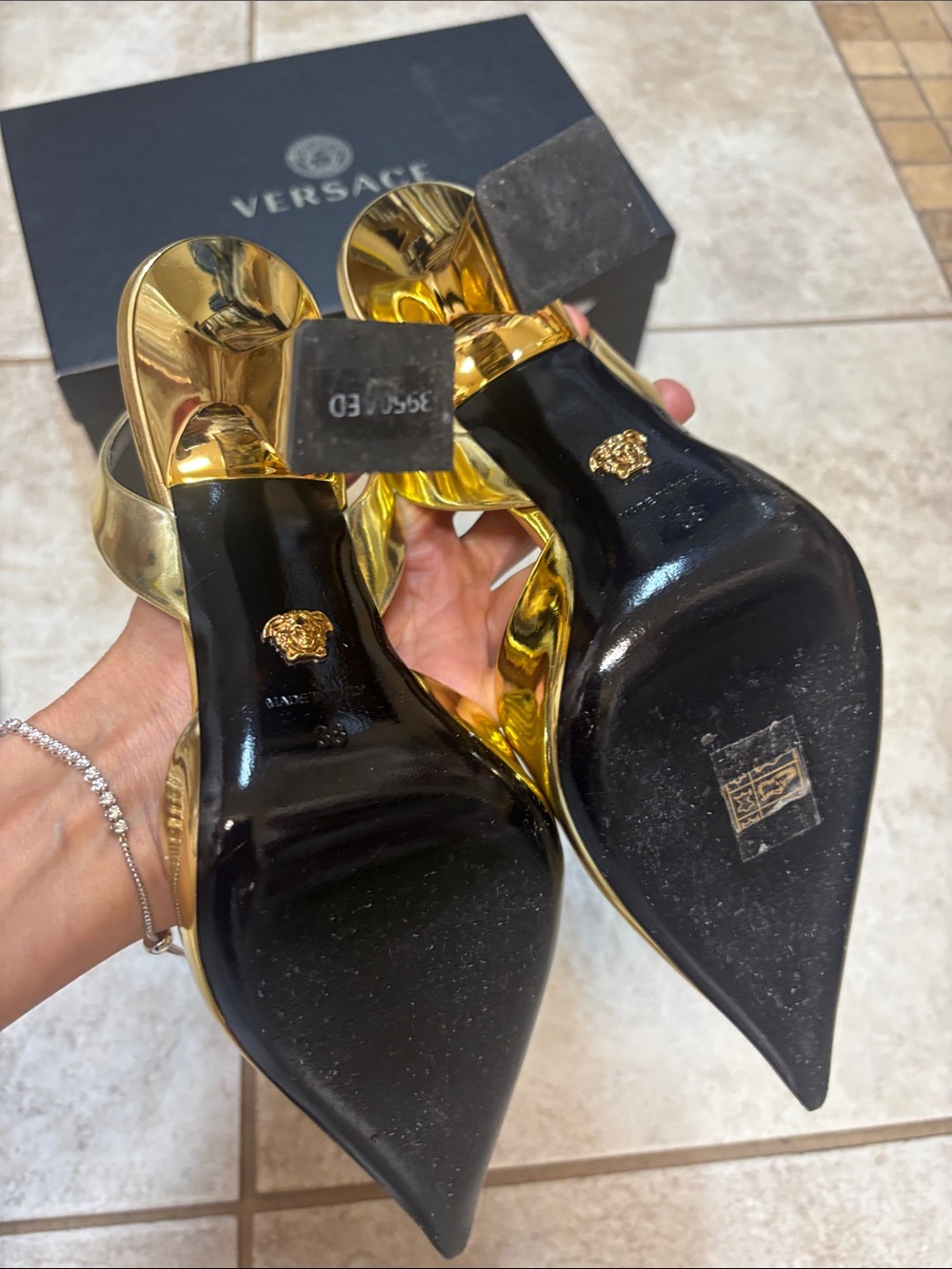 Versace Metallic Gold Medusa Pointed Slingback Heels - Picture 4 of 5